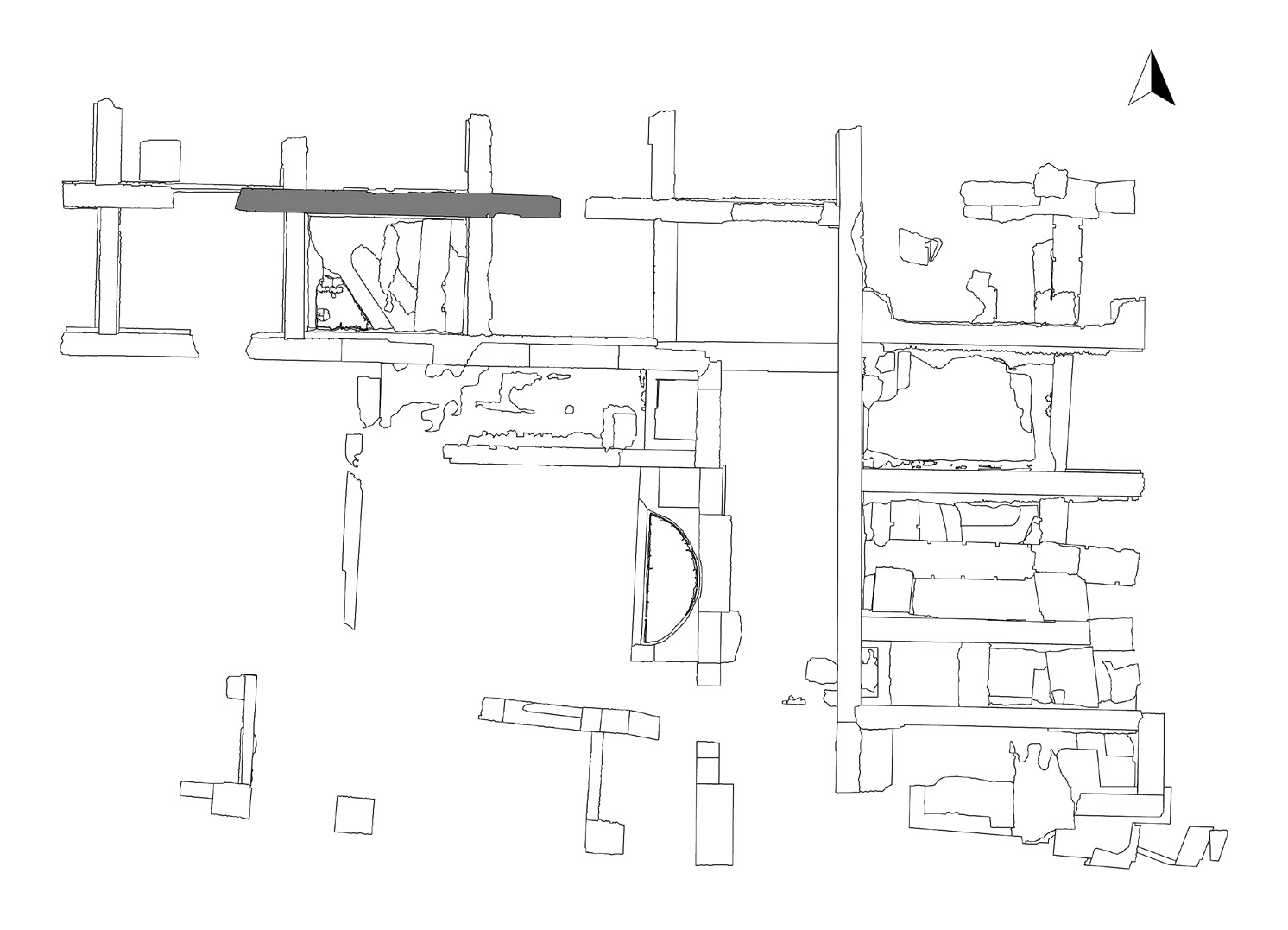 Fig. 12 – “Terme di Elagabalo”: planimetria dell’area scavata nel 2008; in grigio è evidenziata la porzione della struttura muraria di cui si fornisce l’ortofotomosaico e il prospetto in Fig. 11.