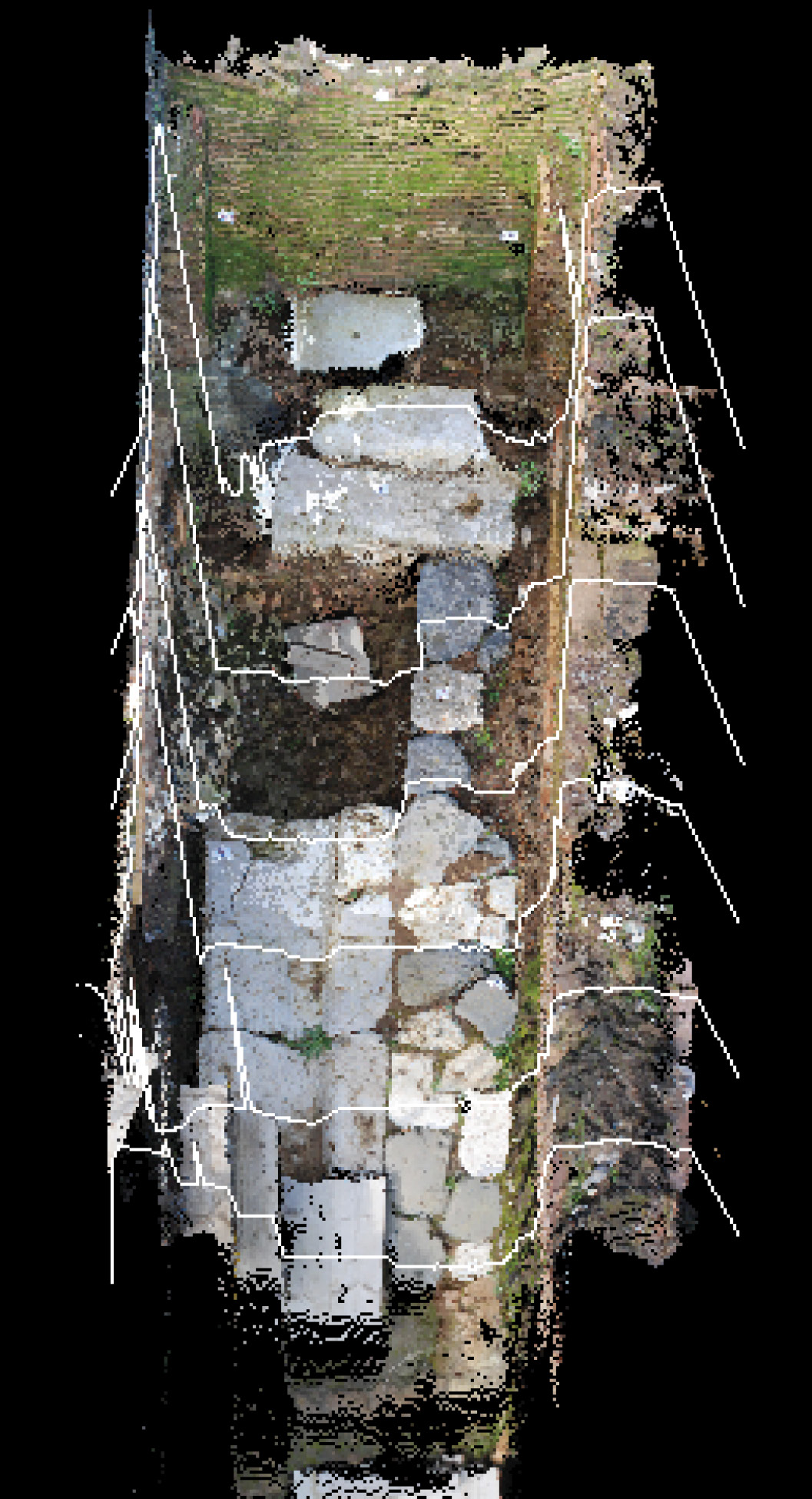 Fig. 13 – Visione prospettica delle linee di sezione con passo di campionamento di 50 cm che delineano il profilo della nuvola di punti 3D dell’ambiente 2 delle “Terme di Elagabalo”.