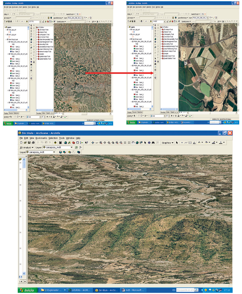 Fig. 5 – Ortofotos del PNOA. La imagen de la derecha hacer referencia a una escala de mayor detalle que la de la izquierda. Obsérvese el grado de resolución.