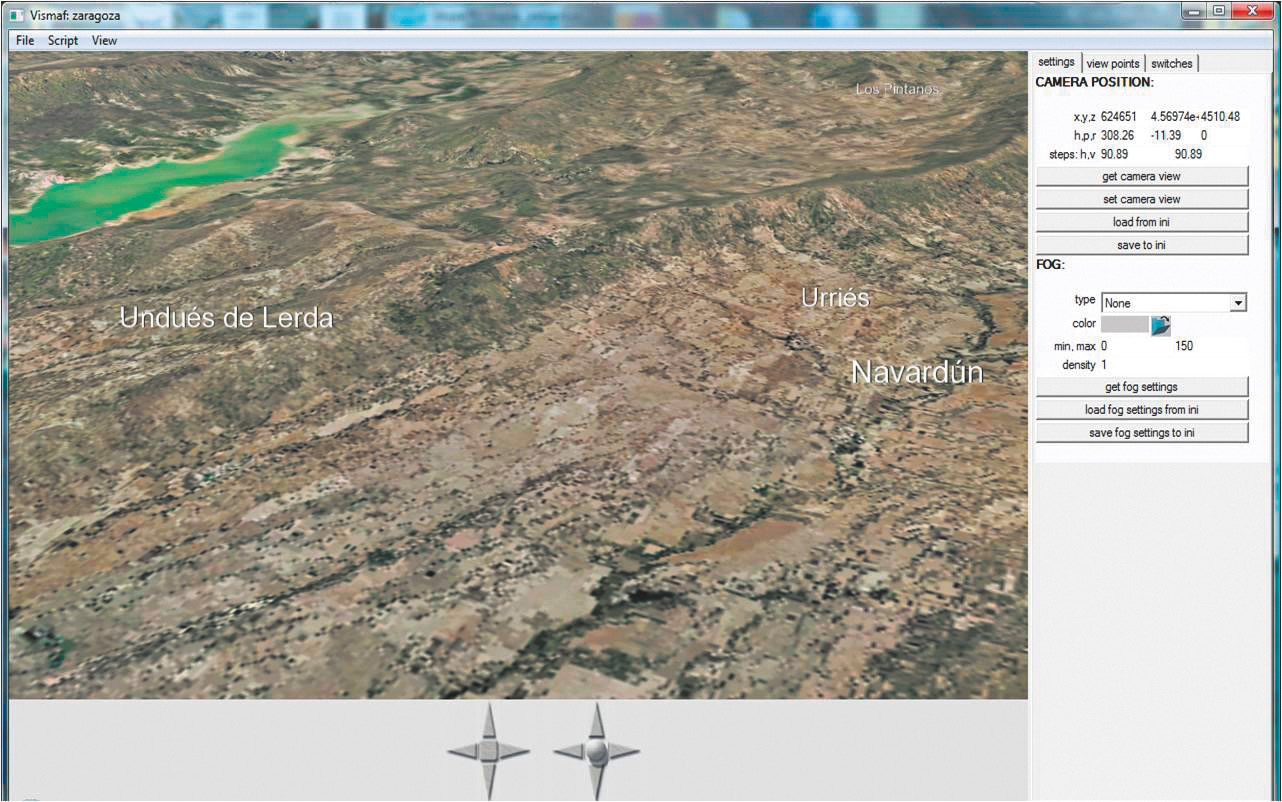 Fig. 8 – VisArq.1.0. Modelo tridimensional. A la derecha, barra de herramientas con la posición precisa de cada punto del territorio.