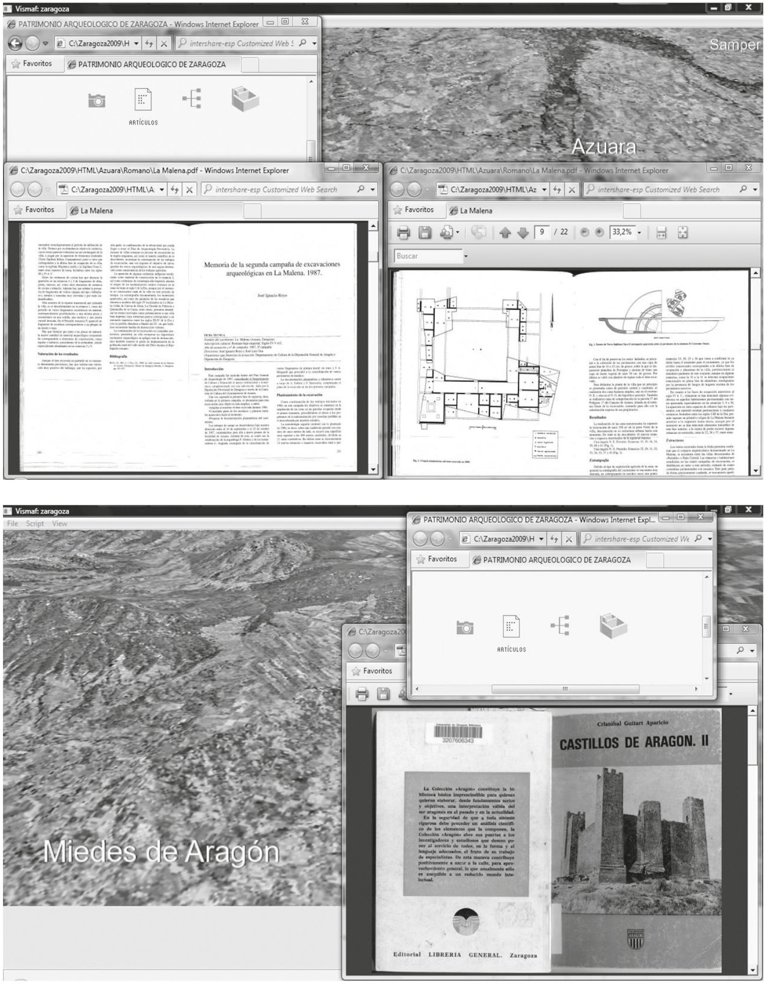 Fig. 11 a, b – Ejemplo de información bibliográfica que se puede obtener en VisArq.1.0. Imagen superior, artículos del yacimiento “La Malena” en el término municipal de Azuara. Imagen inferior, referencia bibliográfica al Castillo de Miedes de Aragón.