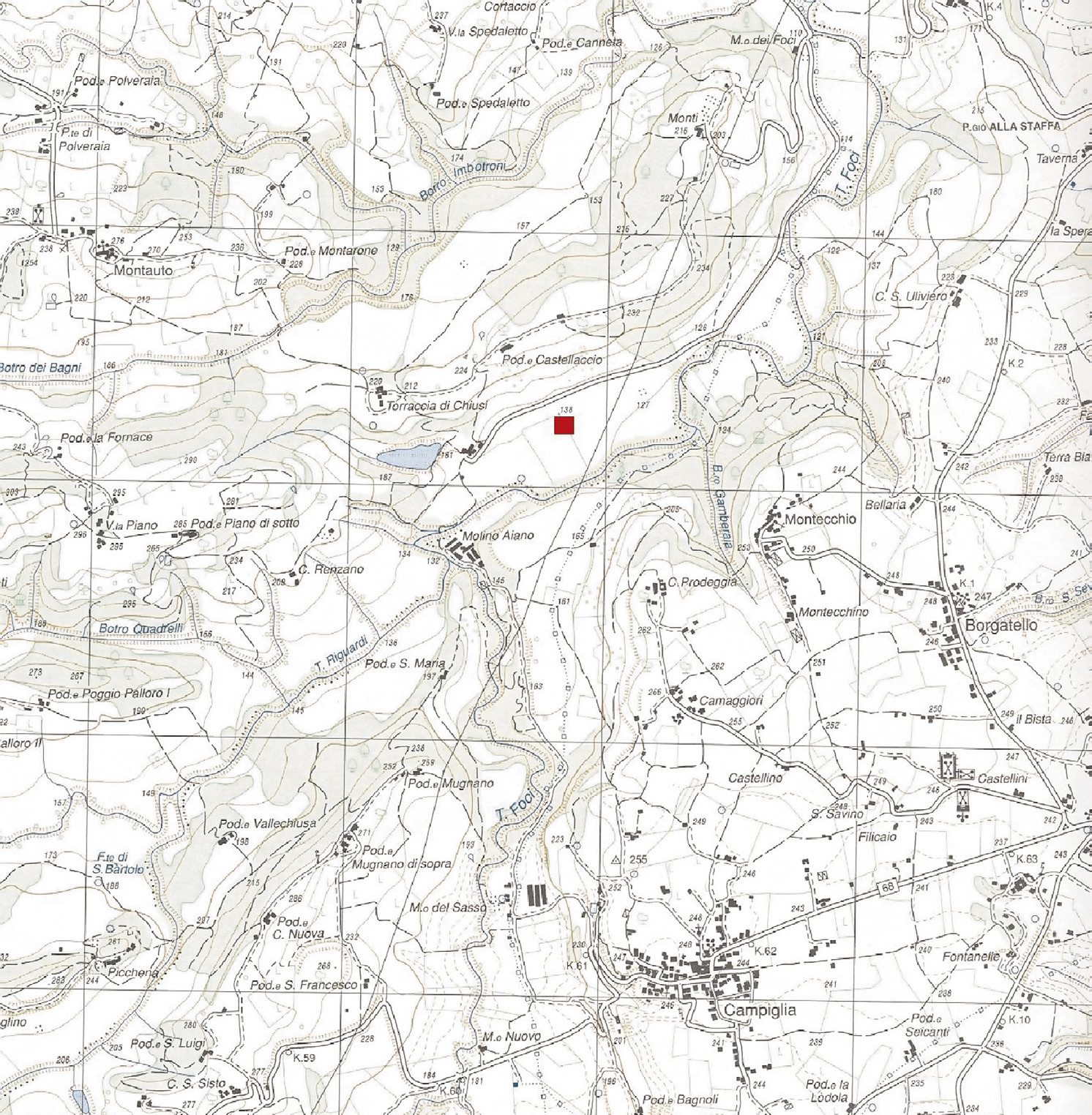 Fig. 1 – Localizzazione del sito della villa Aiano-Torraccia di Chiusi (in rosso); stralcio IGM 1: 25.000, Foglio 113, Quadrante III NO Poggibonsi.