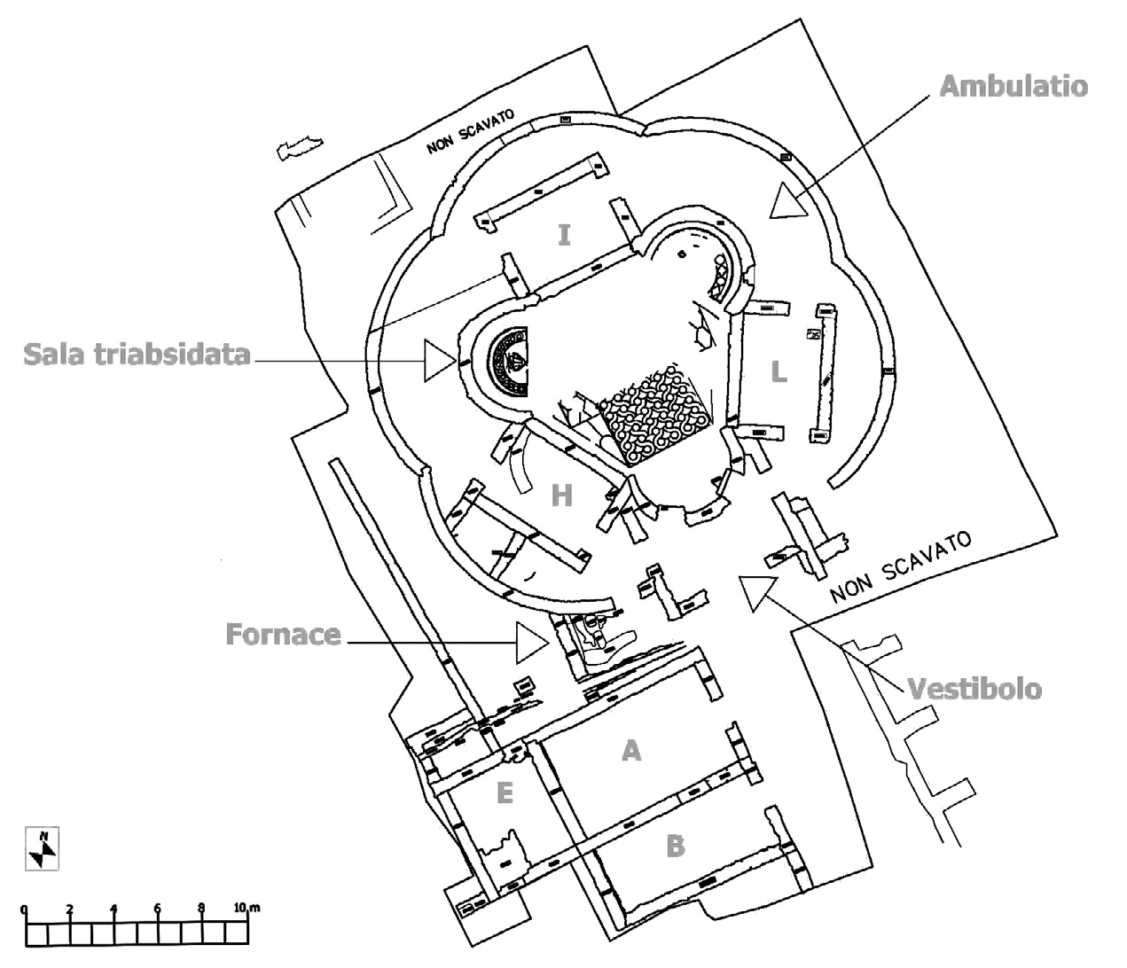 Fig. 2 – Planimetria dello scavo (2009): sono segnalati gli ambienti e le strutture più rilevanti del sito.