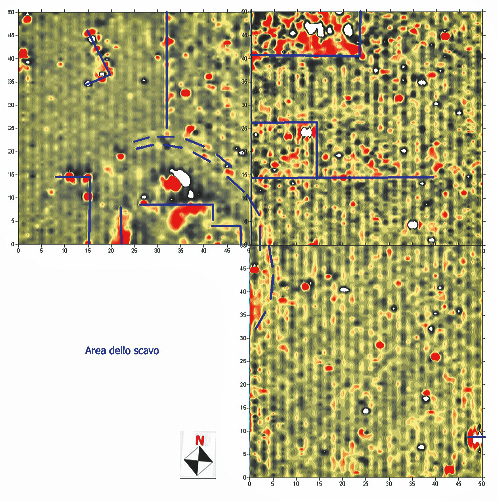 Fig. 5 – Anomalie intercettate dalle prospezioni magnetometriche (da Frezza, Ghisleni 2007).