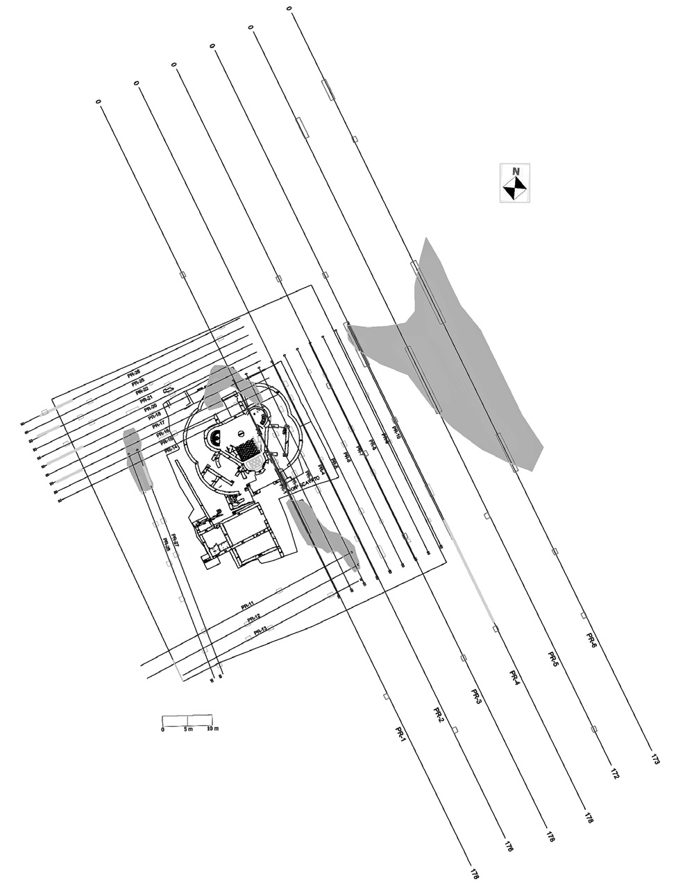 Fig. 6 – Sovrapposizione dei profili georadar alla planimetria di scavo (2009).