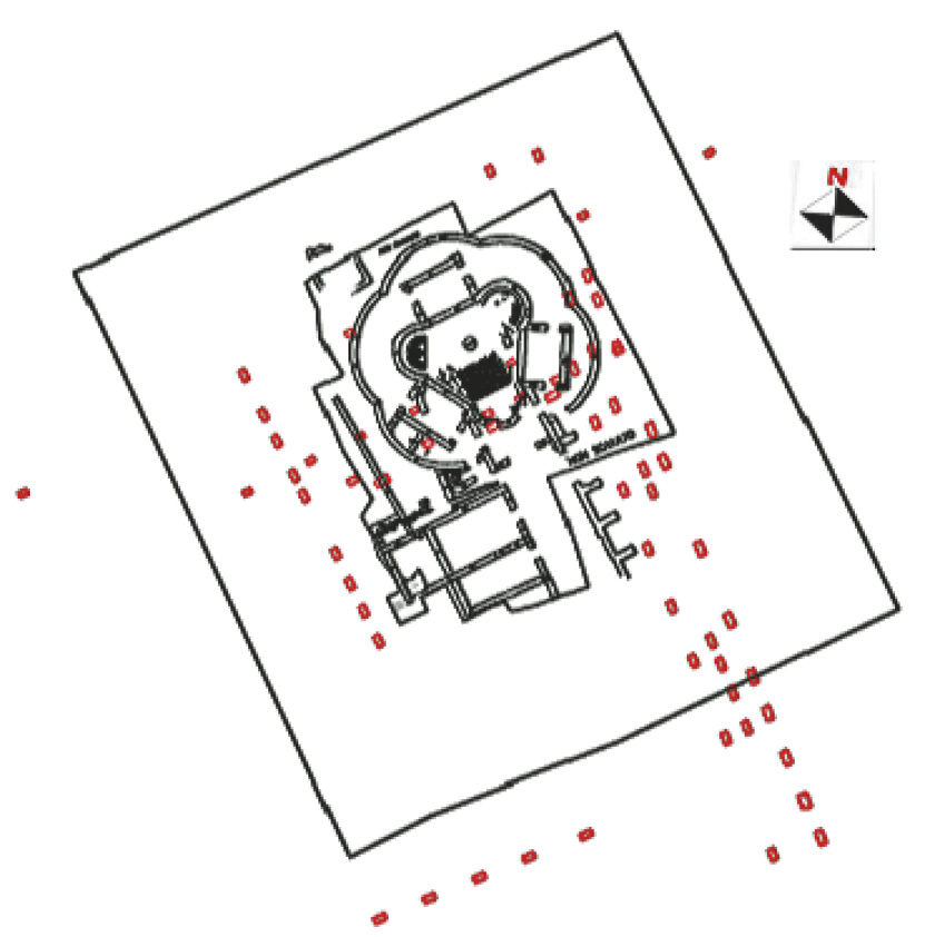 Fig. 9 – Evidenze archeologiche (in rosso) intercettate dalle tomografie geoelettriche.