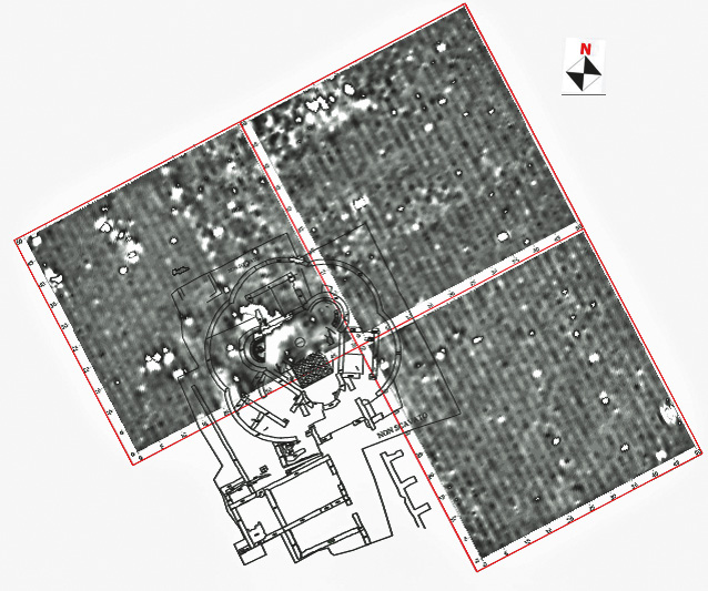 Fig. 10 – Prospezioni magnetometriche sovrapposte alla pianta di scavo 2009.