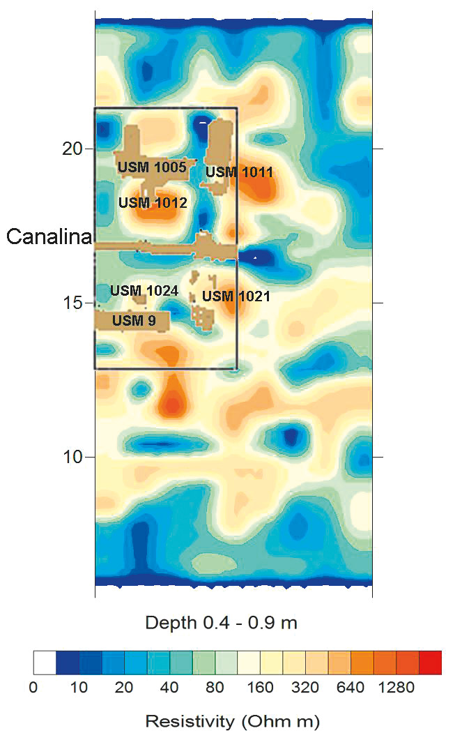 Fig. 5 – Pianta di resistività, rilievo 1, con sovrapposta la planimetria delle strutture ritrovate negli scavi 1994-1995.