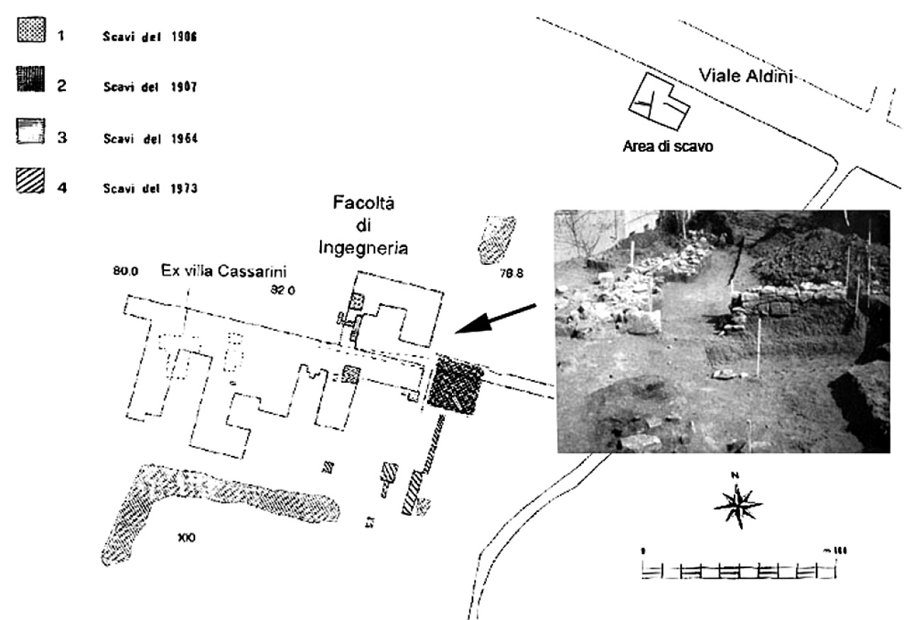 Fig. 2 – Planimetrie d’epoca degli scavi archeologici di Villa Cassarini (BO).