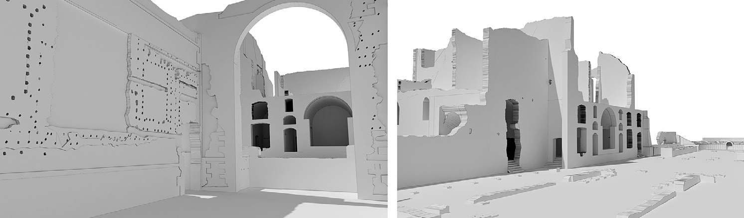 Fig. 4 – Immagini del modello virtuale dello stato attuale del complesso costituito dall’Edificio con Tre Esedre e Palazzo d’Inverno (rilievi e modellazioni svolte nell’ambito del Progetto RiVA, elaborazioni grafiche e rendering di E. Lazzeri).