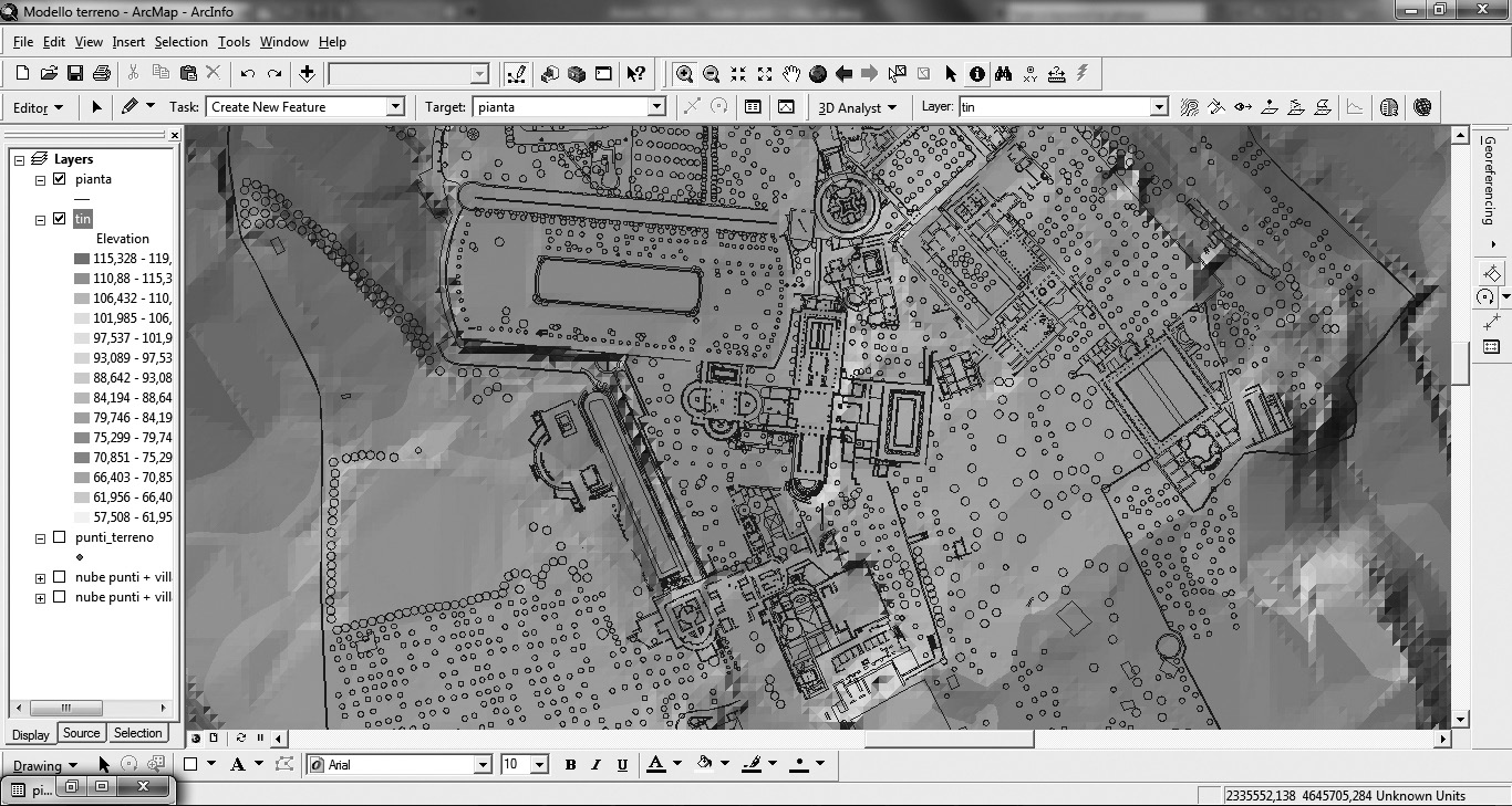 Fig. 9 – Modello digitale di elevazione a maglie triangolari (TIN) con il posizionamento del rilievo planimetrico della Villa Adriana.