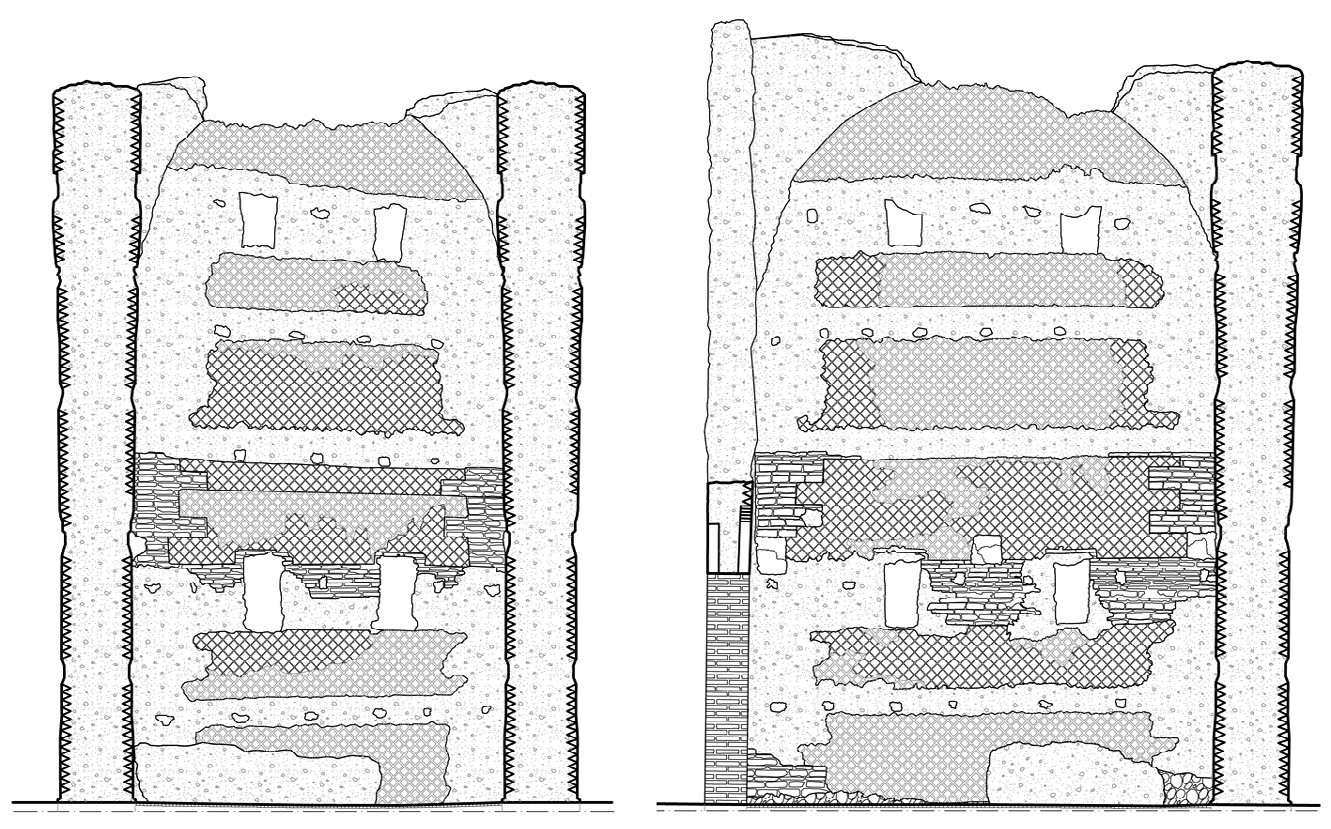 Fig. 12b – Rilievo e mappatura dei materiali di due murature della Caserma dei Vigili.