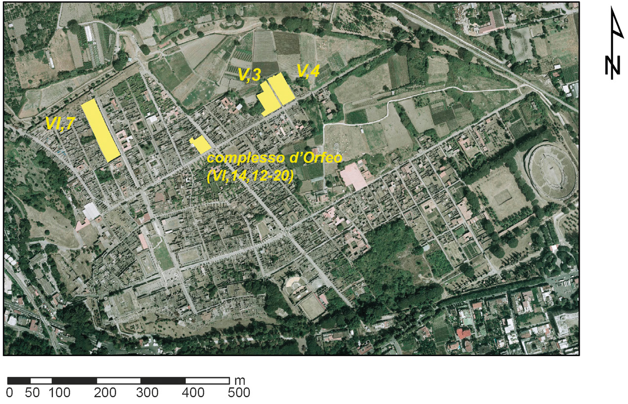 Fig. 1 – Le aree di indagine: Pompei, Regio VI, insulae 7 e 14; Regio V, insulae 3 e 4.