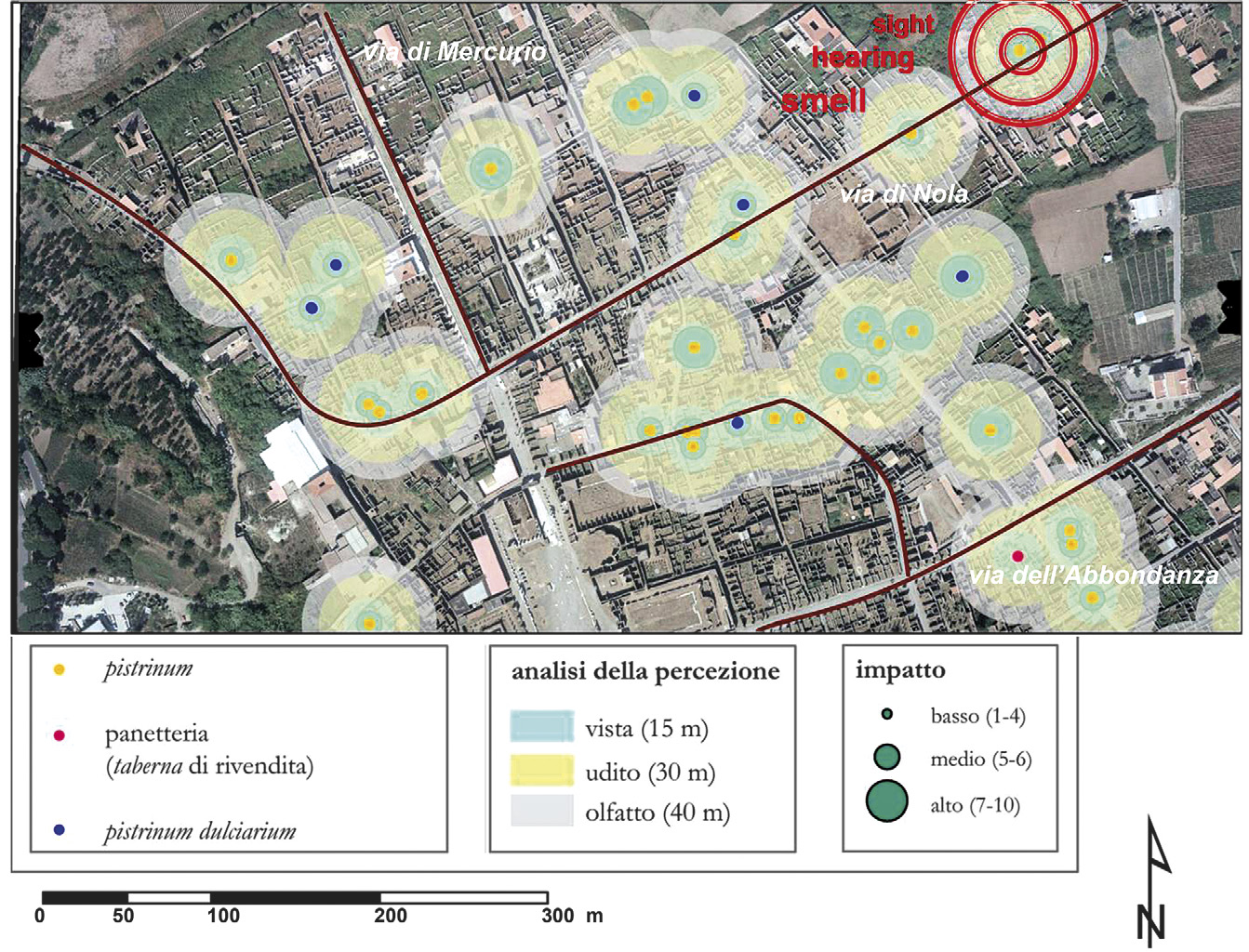 Fig. 8 – La sfera di influenza della rete produttiva dei pistrina sul tessuto urbano e residenziale secondo l’Indice cumulativo dei fattori di percezione.