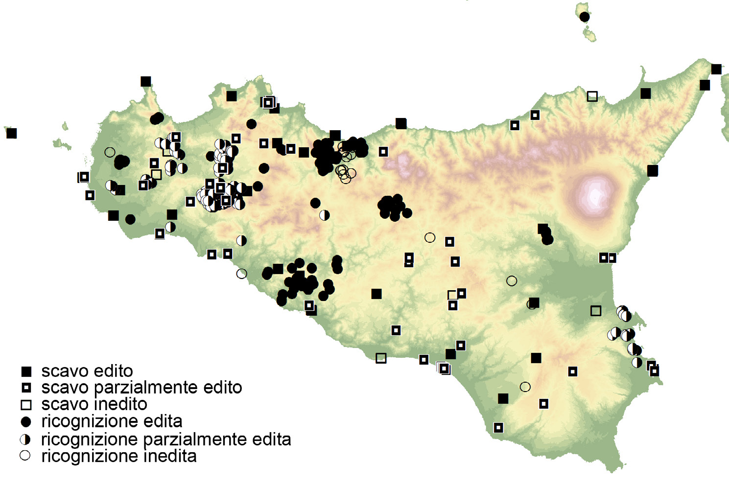 Fig. 1 – Carta di distribuzione degli scavi archeologici e delle ricognizioni che hanno restituito reperti ceramici di IX-prima metà XIII secolo in Sicilia.