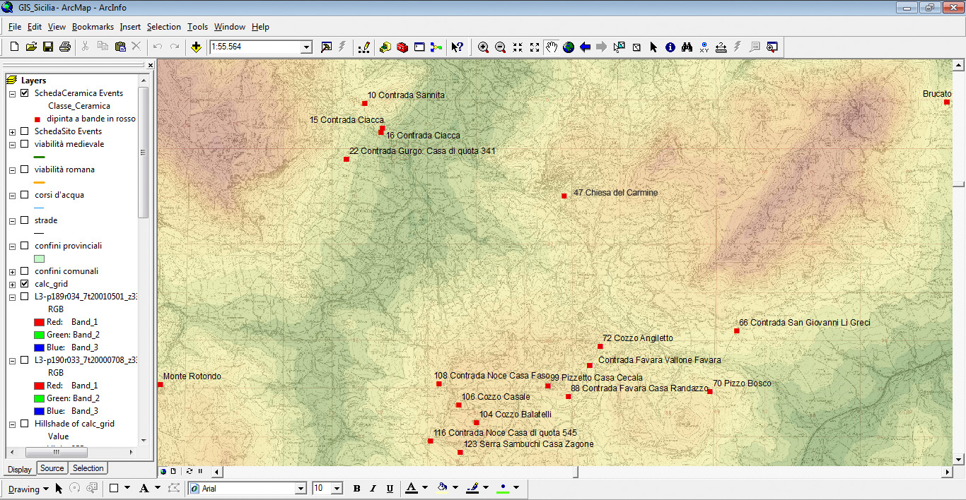 Fig. 4 – Dettaglio della carta di distribuzione. Attestazioni di ceramica dipinta a bande in rosso nel territorio di Caccamo (ricognizione Lauro 2009).