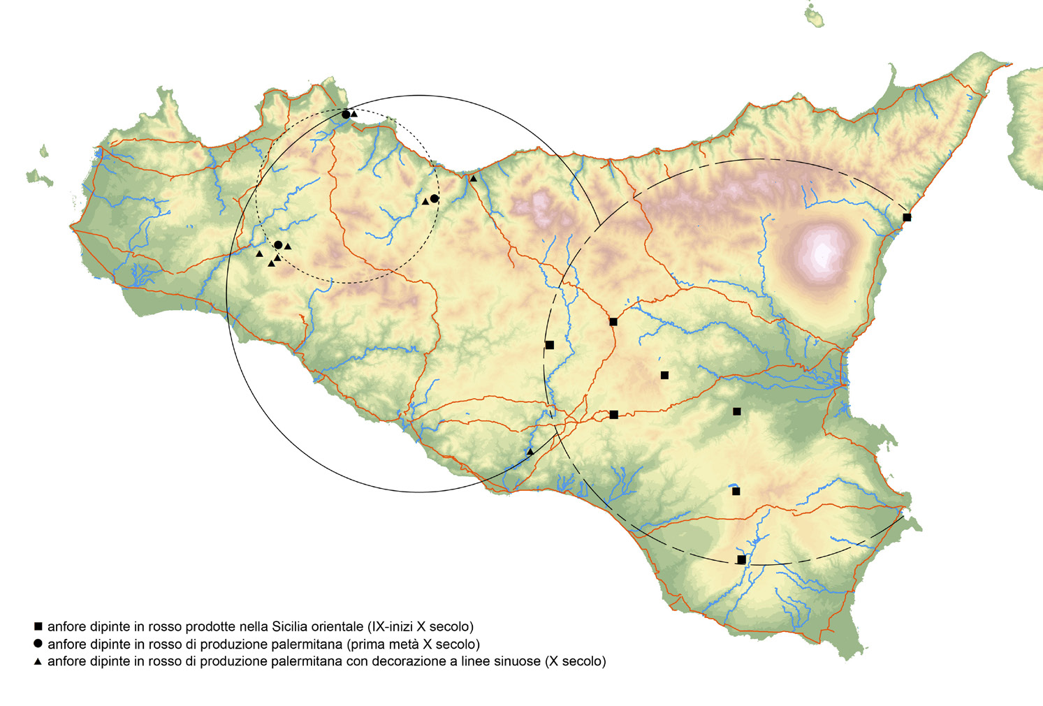 Fig. 6 – Carta di distribuzione delle anfore dipinte in rosso in Sicilia (IX-X secolo).