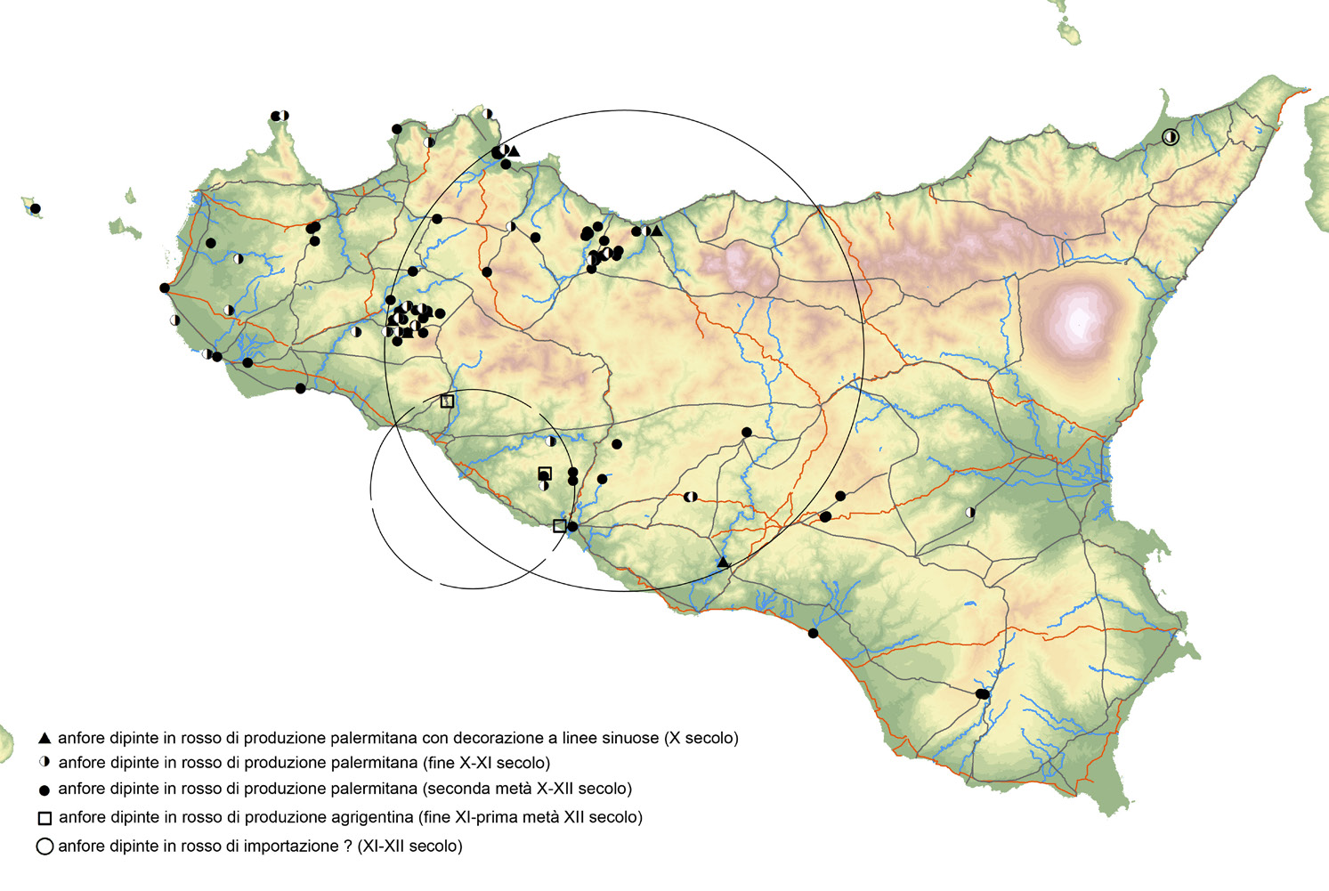 Fig. 7 – Carta di distribuzione delle anfore dipinte in rosso in Sicilia (seconda metà X-XII secolo).