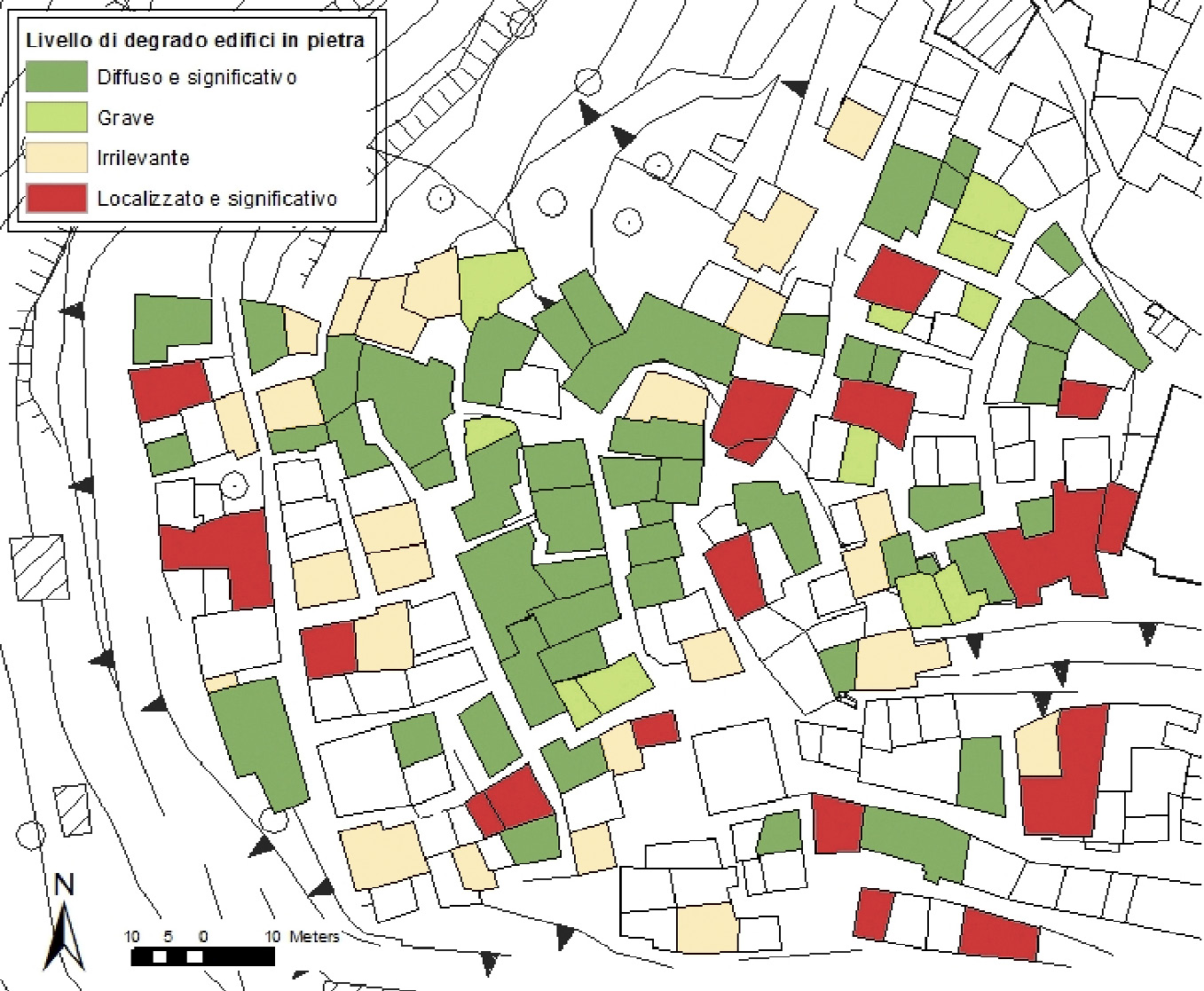 Fig. 5 – Distribuzione del livello di degrado materico di un subset degli edifici in pietra del centro storico di Cancellara.