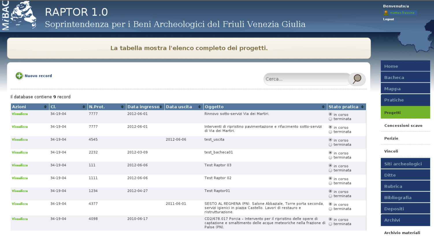 Fig. 4 – Finestra relativa all’elenco completo dei progetti registrati.