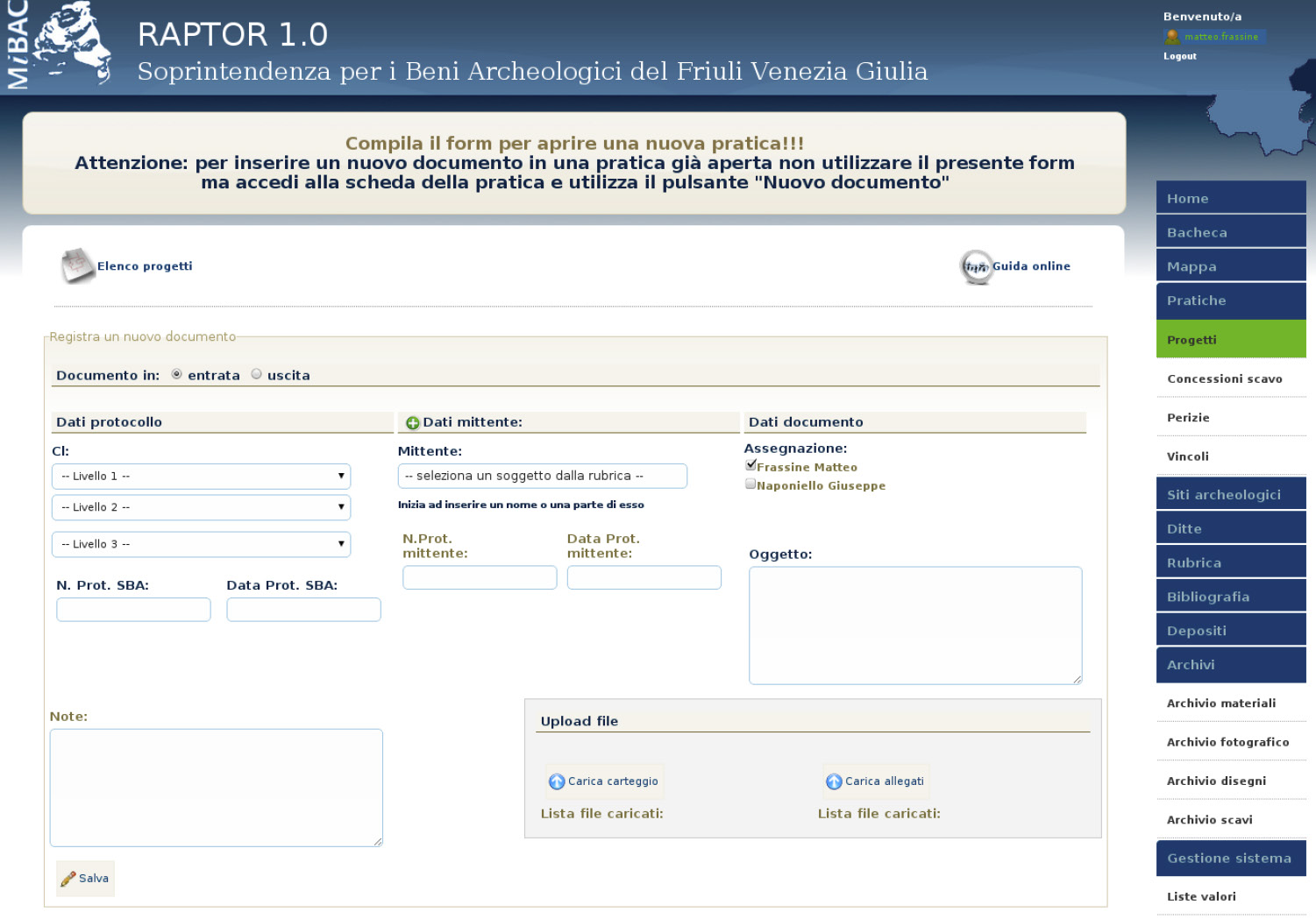 Fig. 5 – Form per l’inserimento del documento di I livello.