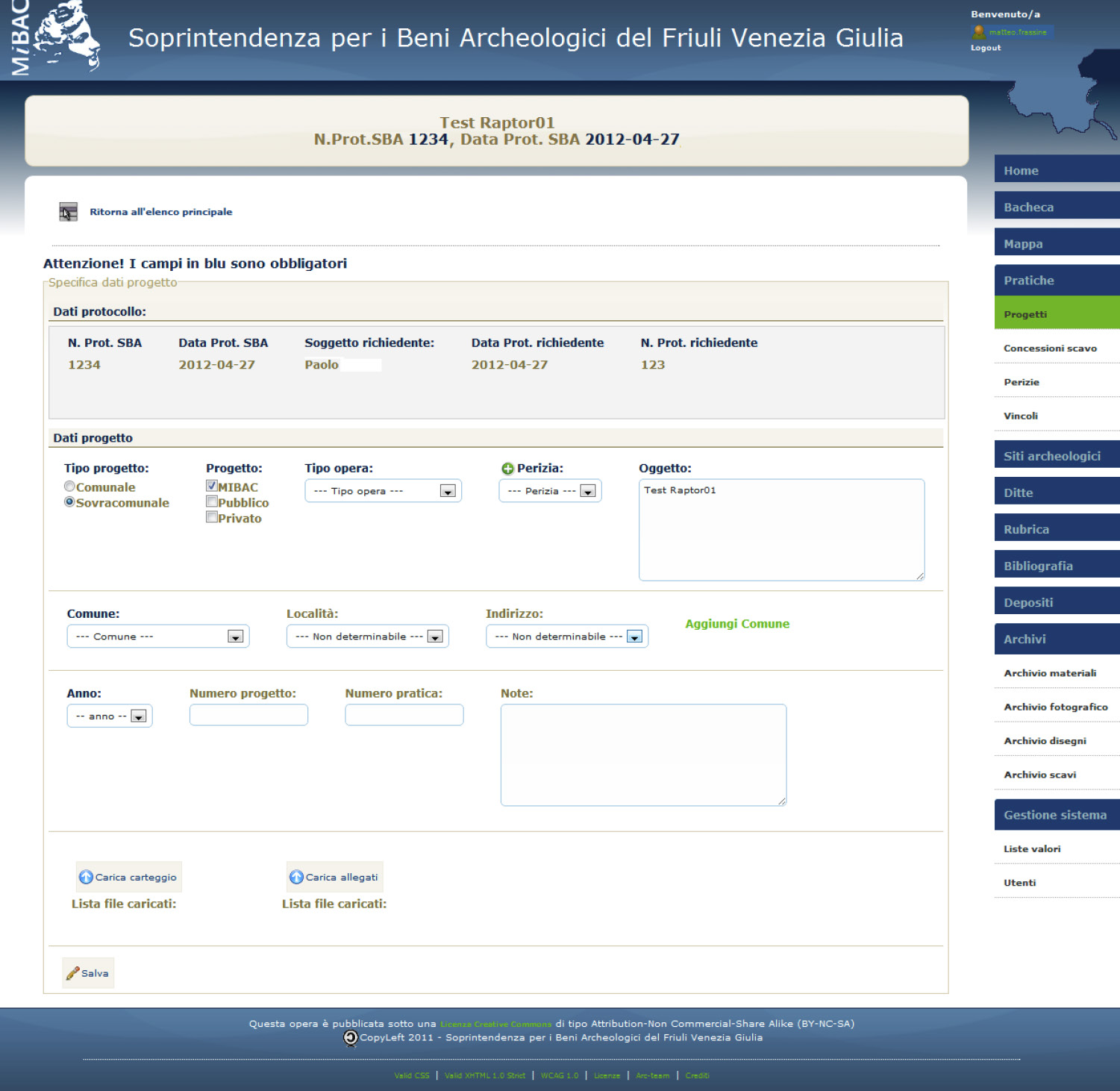 Fig. 7 – Form per la specifica di alcuni dati salienti relativi al progetto inserito.