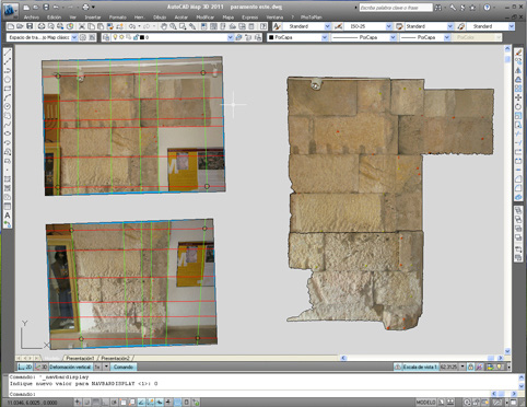 Fig. 4 – Visualizzazione di una delle fasi del raddrizzamento con l’applicazione della griglia di rettifica. A sinistra, i due fotogrammi e, a destra, il fotomosaico finale (foto autore).