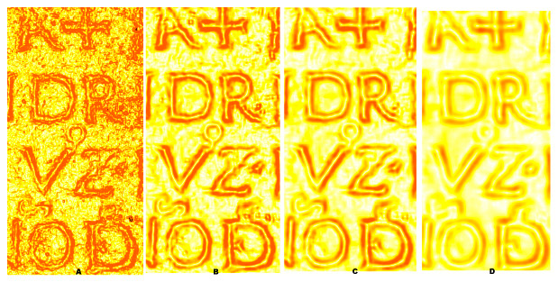 Fig. 5 – Slope models generated with different window sizes: (A) 11 grid points, (B) 25 grid points, (C) 35 grid points (D) 55 grid point.