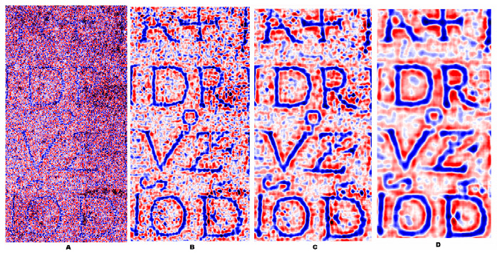 Fig. 6 – Mean curvature models generated with different window sizes: (A) 11 grid points, (B) 25 grid points, (C) 35 grid points (D) 55 grid points.