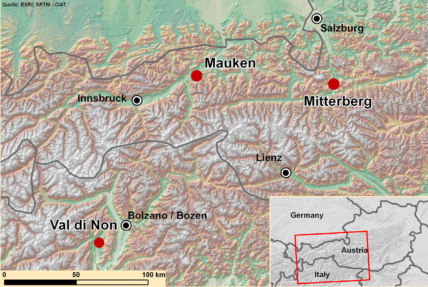 Fig. 1 – The map of the study areas: Mauken, Mitterberg and the Val di Non.