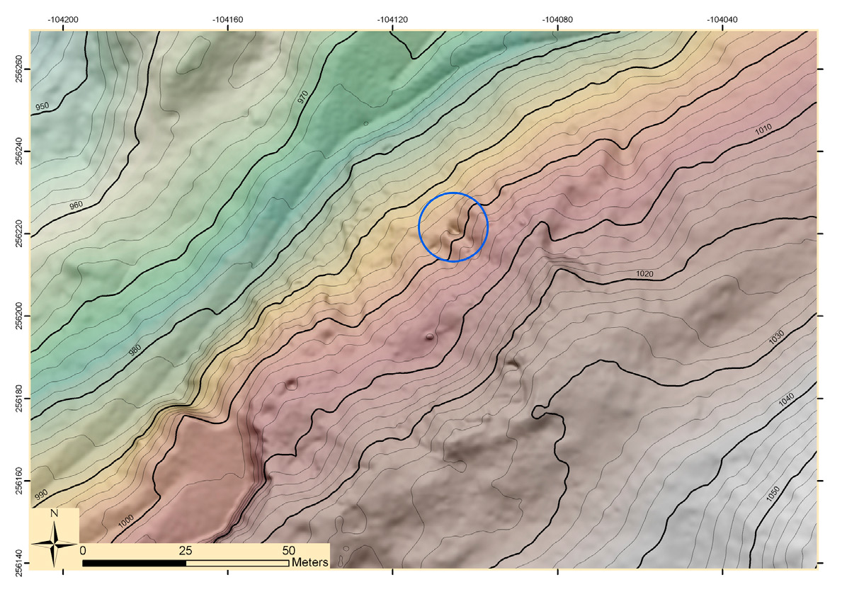 Fig. 2 – High resolution DTM of the Mauken E site: the circle indicates the mining entrance (photo Land Tirol Airborne LiDAR dataset).