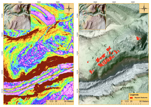 Fig. 6 – Romeno-Doss Busen: slope model and the map of the main archaeological features.