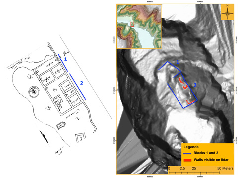 Fig. 8 – Cagnò Castle: map of Jörg Kölderer and map of the main archaeological features.