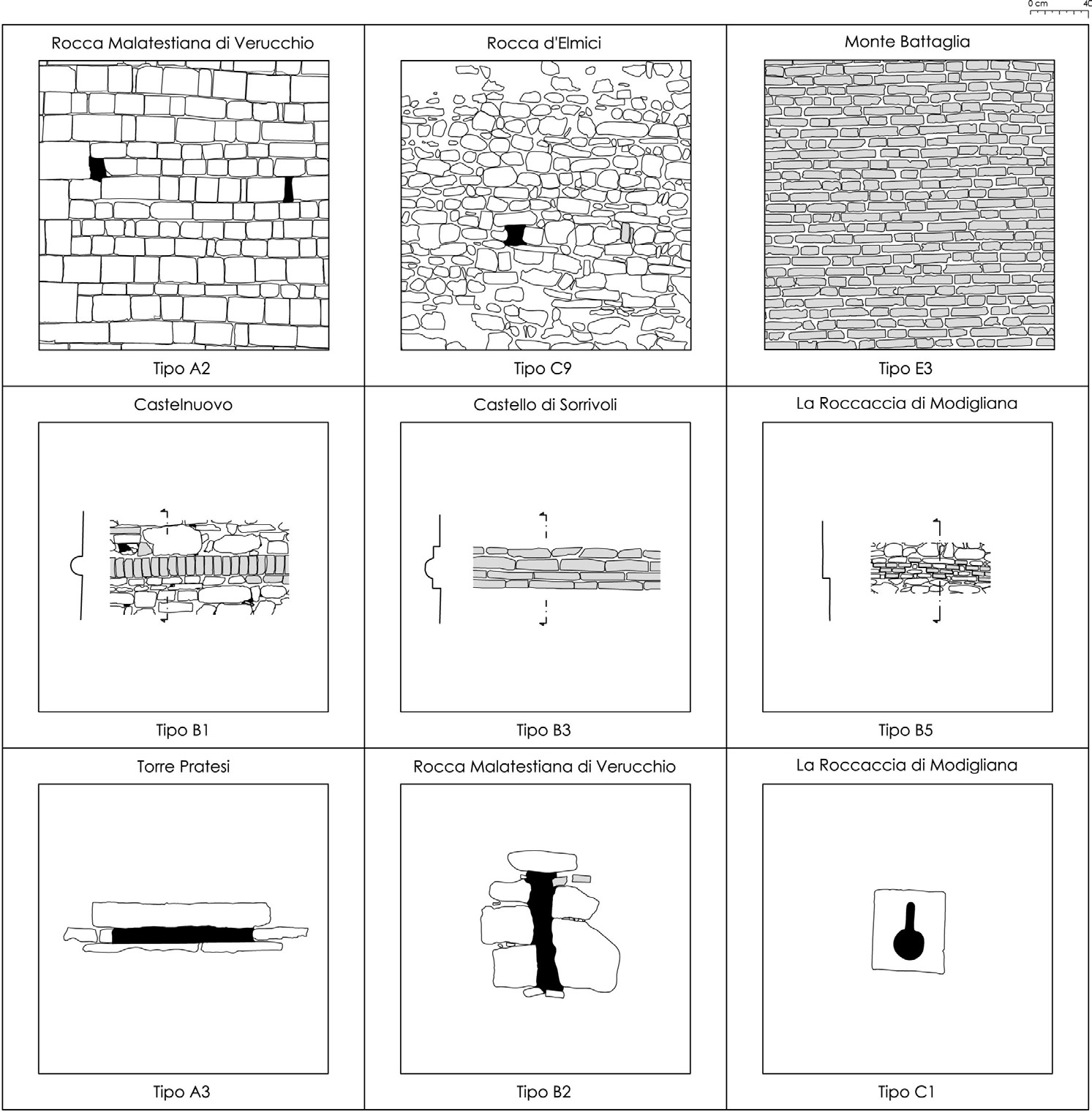 Fig. 5 – Rilievi archeologici di murature, apparati decorativi e aperture, ottenuti attraverso la restituzione grafica da fotopiano e da ortofoto. Le immagini sono estratte dal repertorio cronotipologico delle tecniche costruttive dei castelli della Romagna (Augenti et al. 2010).