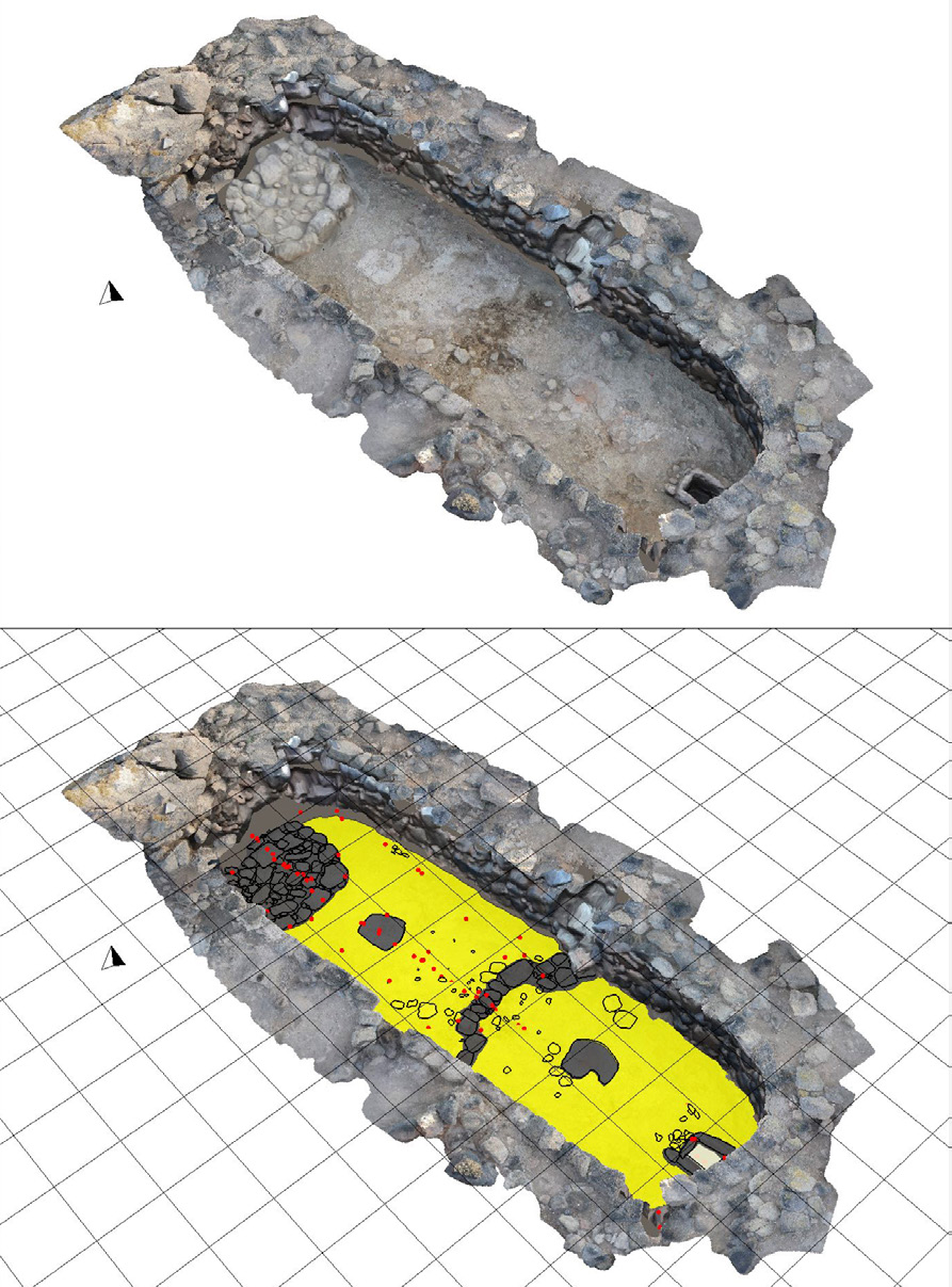 Fig. 11 – Il modello di una capanna dell’età del Bronzo (abitato di Mursia, Pantelleria, TP), con visualizzazione (in ambiente GIS) degli strati e dei reperti rinvenuti nel suo deposito archeologico. Elaborazione dei dati: Andrea Fiorini, Nunzia Larosa. Sulla tecnica di ripresa cfr. Larosa 2012.