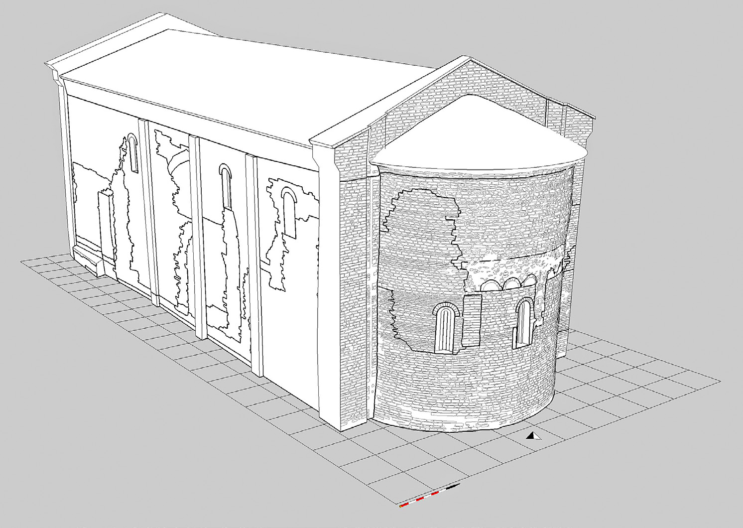 Fig. 12 – Chiesa di San Bartolomeo Apostolo (Cesena, FC). Rilievo tridimensionale degli elementi strutturali e della stratigrafia muraria. Visualizzazione dei dati in ambiente GIS.