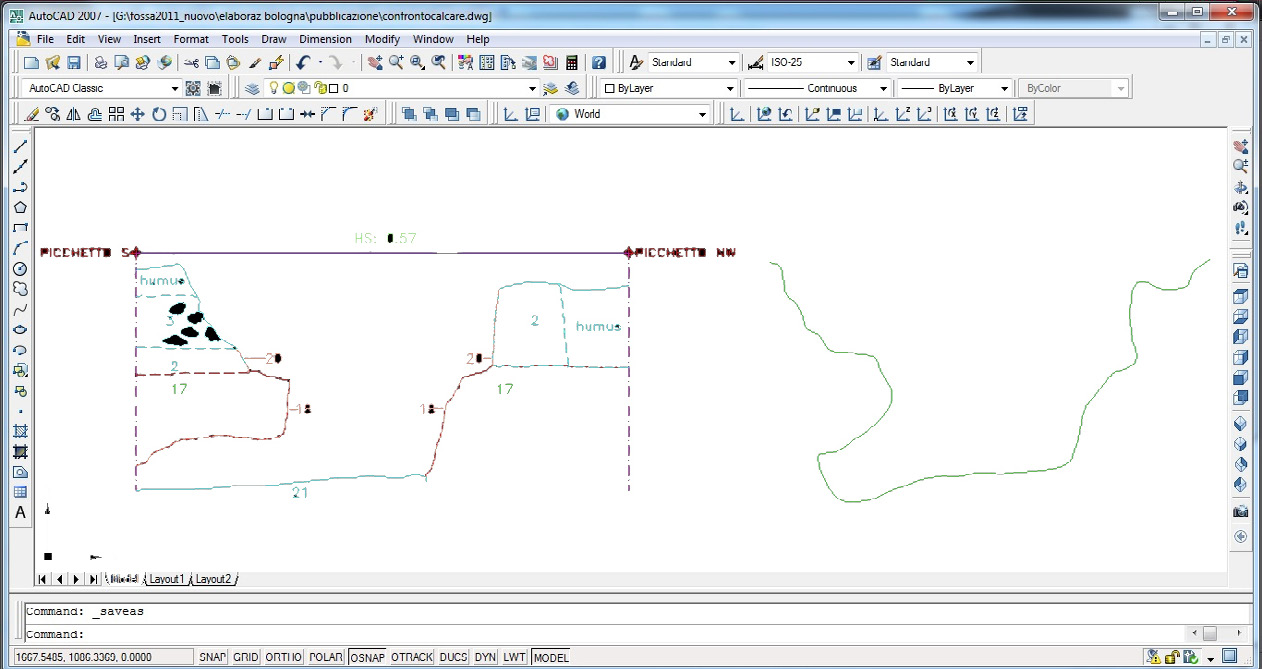 Fig. 9 – Sezioni della calcara. A sinistra la sezione ottenuta in modo tradizionale, a destra quella estratta dal modello 3D.