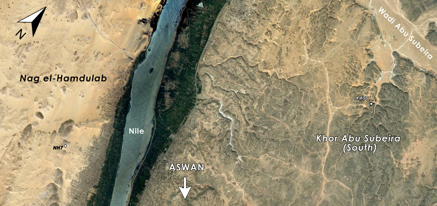 Fig. 2 – Immagine satellitare dell’area comprendente i siti di Nag el-Hamdulab (NH) e Khor Abu Subeira (KASS).