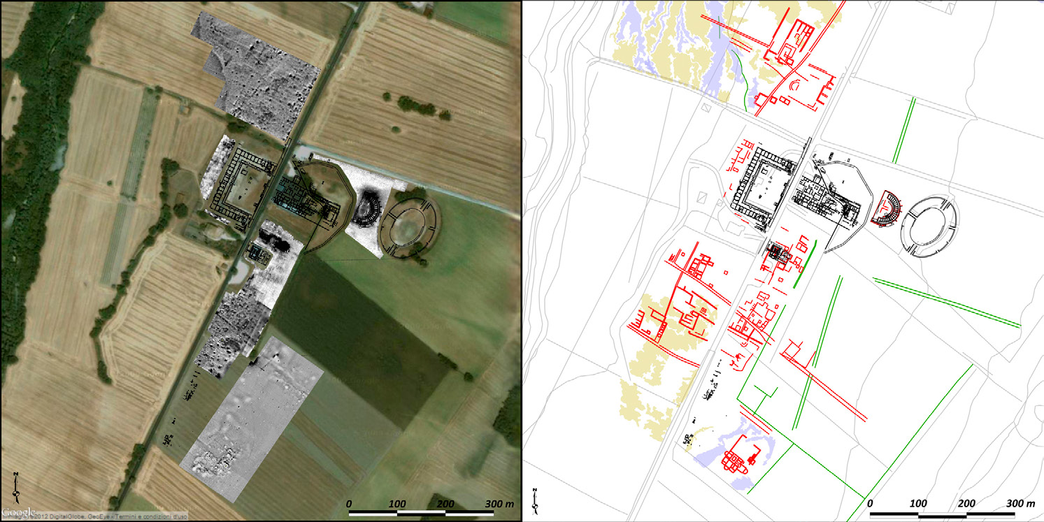 Fig. 2 – Geofisica e fotografia aerea nell’area urbana di Suasa. A destra, i risultati delle indagini geomagnetiche e geoelettriche (ARP System) 2009-2010, a cura di F. Boschi (Dipartimento di Archeologia, Università di Bologna), H. Becker (Becker Archaeological Prospection, Munich), M. Dabas (Geocarta©, Paris). A destra, interpretazione e restituzione grafica delle principali tracce e anomalie da remote sensing e geofisica (F. Boschi).