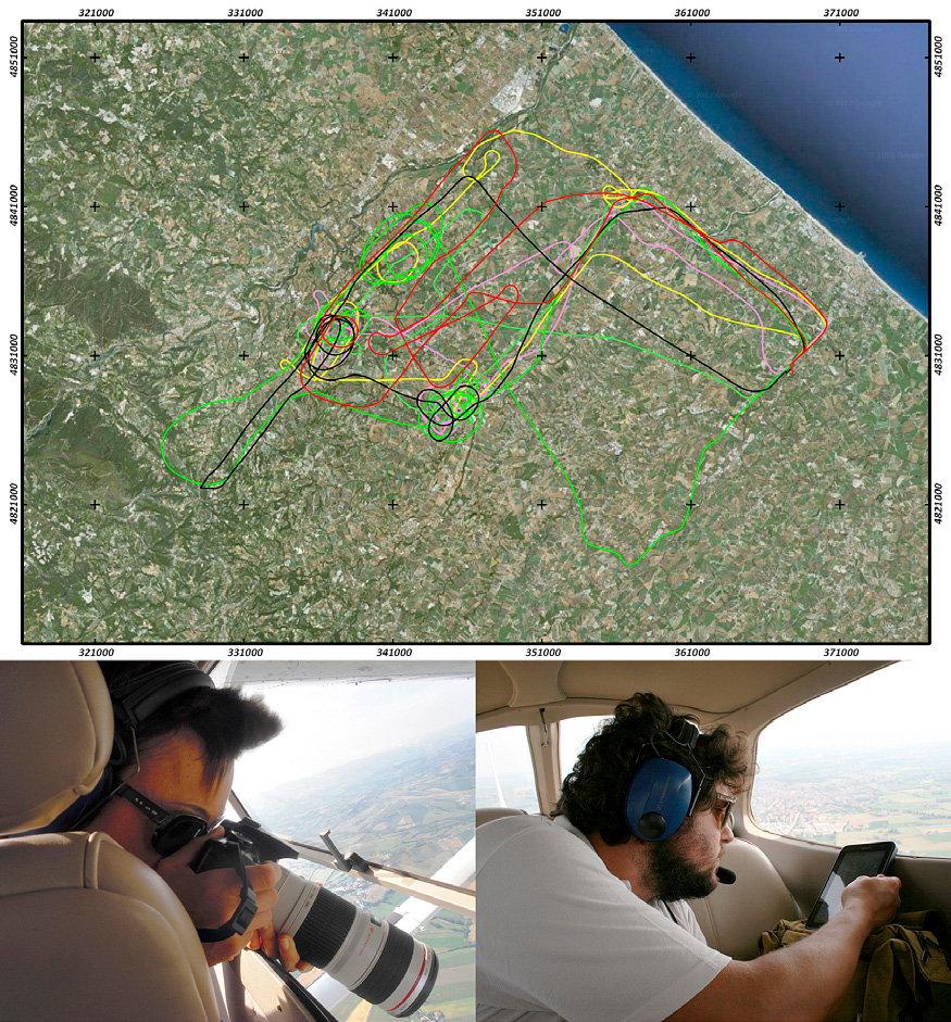 Fig. 3 – Attività di ricognizione aerea 2011-2012. In alto, i tracciati delle rotte di volo rilevati con GPS palmare cartografico (M. Silani). In basso, la documentazione delle attività mediante camera fotografica e Tablet PC.