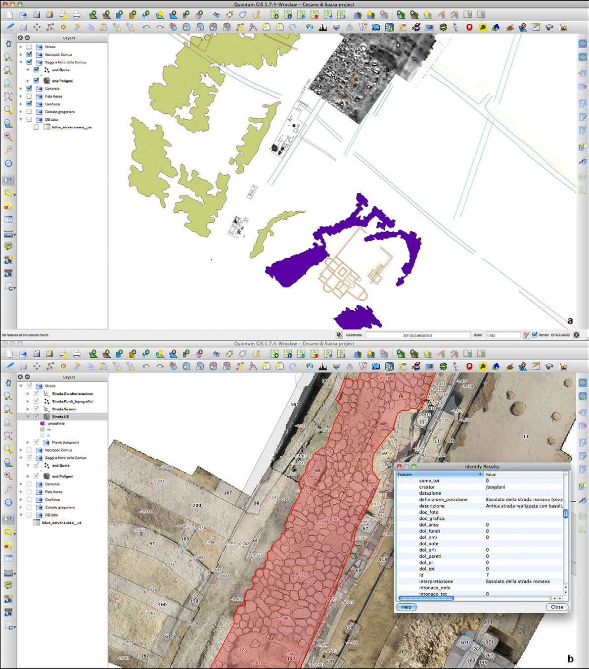 Fig. 6 – a) Una schermata di un dettaglio del GIS archeologico di Suasa (scavi 2011) realizzato con QuantumGIS. b) Una schermata di un dettaglio del webGIS archeologico di Suasa (scavi 2011, simile a Fig. 5) realizzato con MapServer e disponibile online all’indirizzo http://gis.bradypus.net/ (elaborazione J. Bogdani).