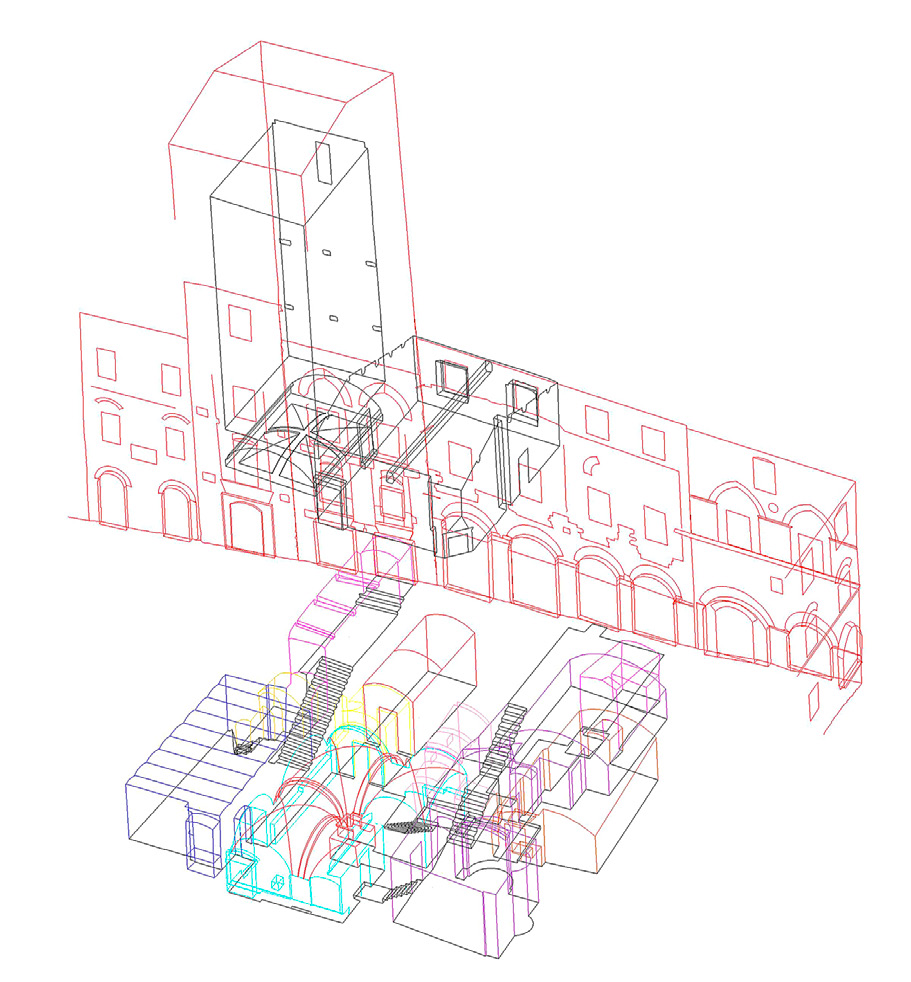 Fig. 3 – Wireframe 3D ottenuto dalla digitalizzazione del rilievo fotogrammetrico ZScan, del rilievo laser scanner e del rilievo con stazione totale.