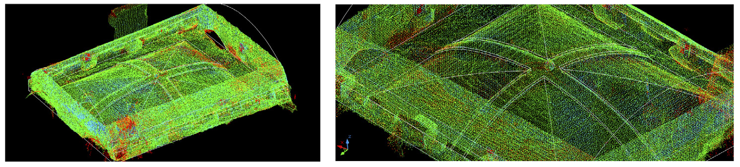 Fig. 4 – Alcuni passi nella digitalizzazione della nuvola di punti ottenuta dal rilievo con laser scanner.