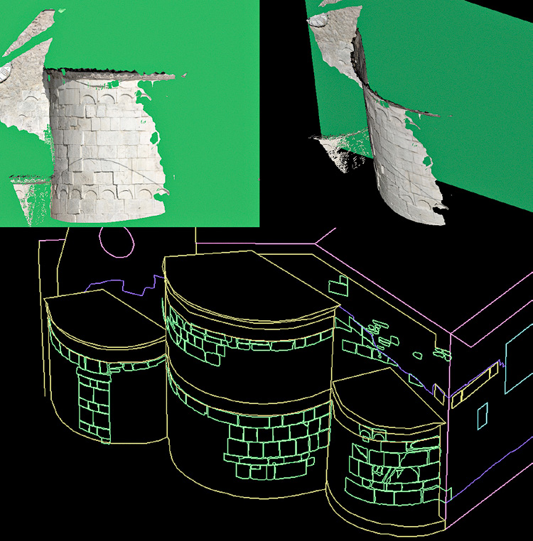 Fig. 1 – In alto, nuvola di punti con texture fotografica delle absidi di San Pietro a Coppito (AQ). In basso, modello wireframe 3D delle absidi con indicazioni dei volumi e delle tecniche costruttive.