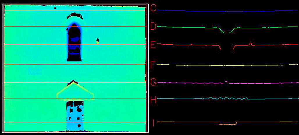 Fig. 2 – Digital Elevation Model della facciata di San Pietro a Coppito (AQ) con le sezioni passanti trasversalmente. A destra, il profilo di ogni linea di sezione.