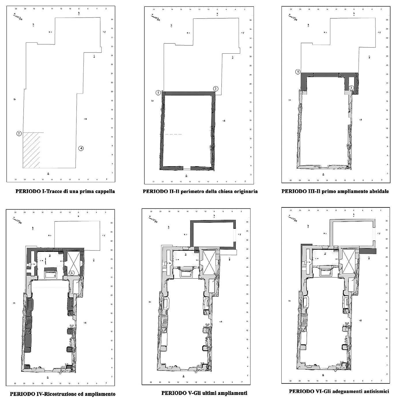 Fig. 3 – Piante di periodo della chiesa di Castelnuovo (AQ), ricavate dall’elaborazione del modello 3D.