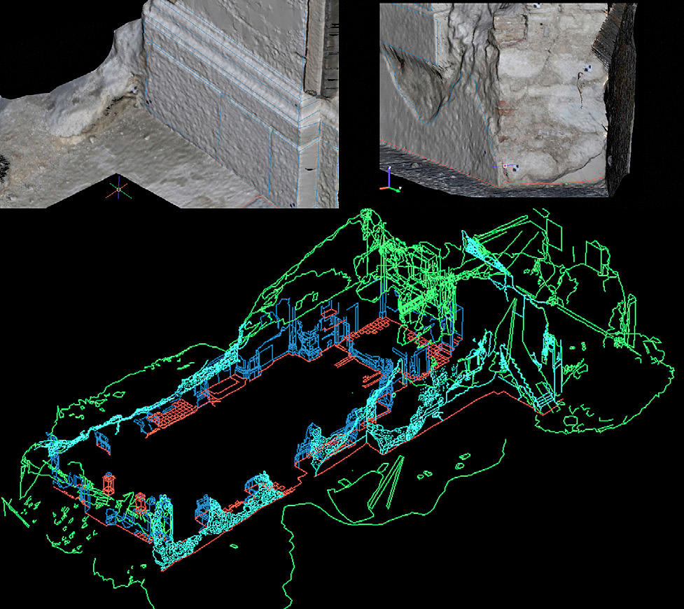 Fig. 4 – In alto, due immagini dell’ambiente tridimensionale in cui è possibile gestire e digitalizzare nuvole di punti con mesh texturizzata. In basso, il modello wireframe 3D della chiesa di Castelnuovo dopo la rimozione delle macerie.