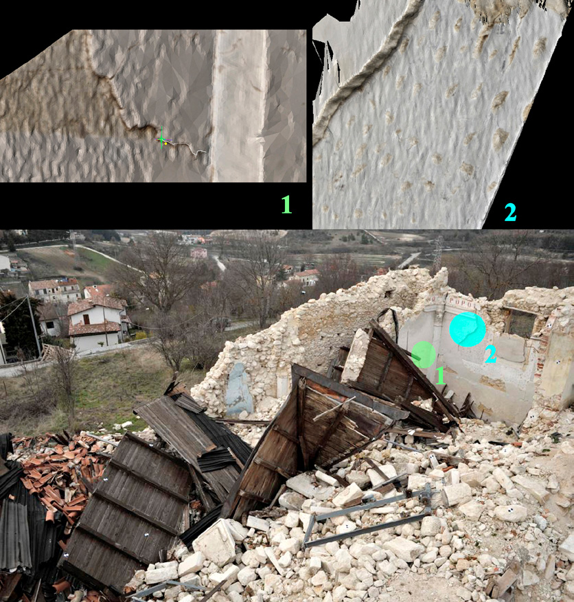 Fig. 5 – Immagine generale del crollo della chiesa di Castelnuovo e modelli 3D di superfici con intonaco. Nel modello 1 è possibile osservare la fase di digitalizzazione.