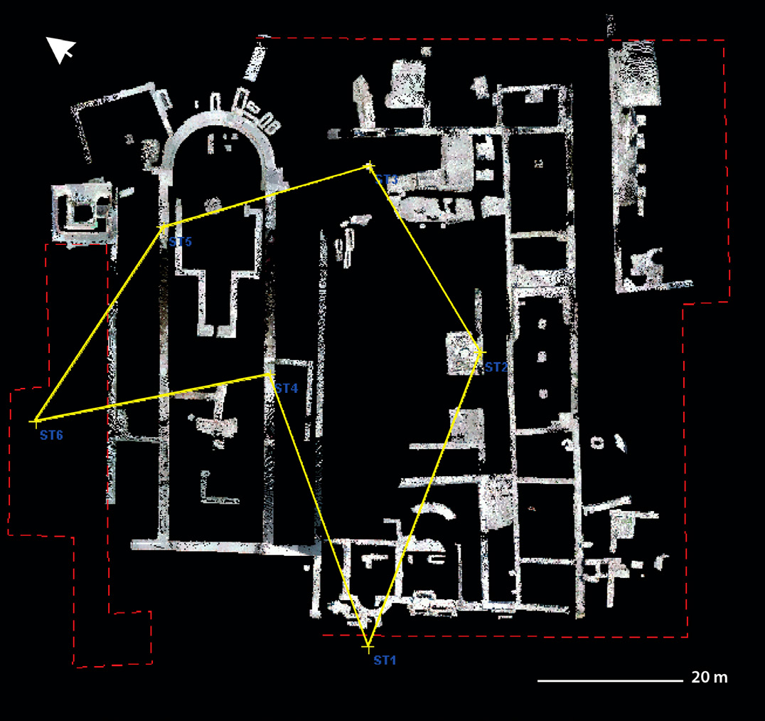 Fig. 4 – Vista zenitale della nuvola di punti con indicazione dei vertici della poligonale.