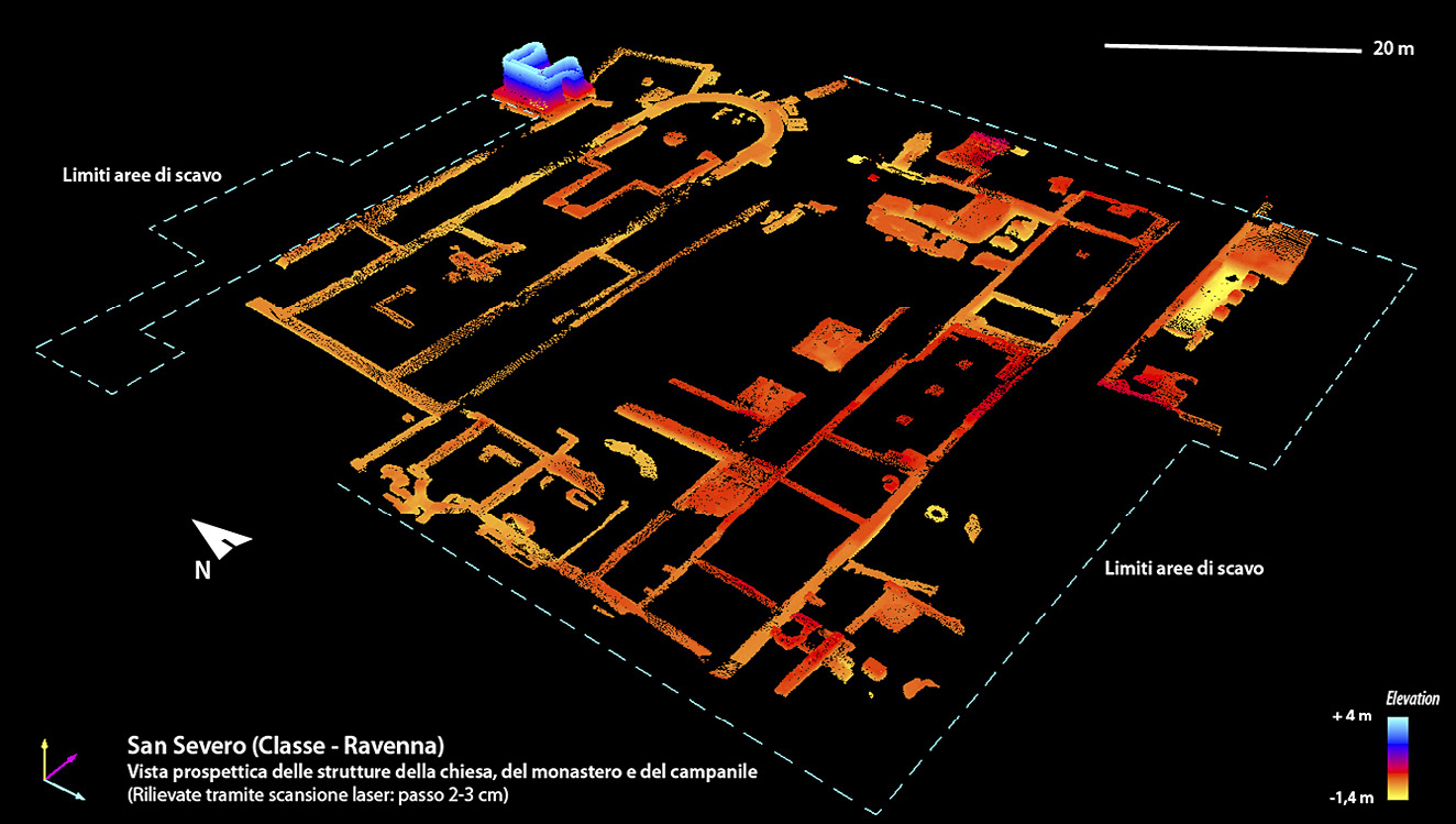 Fig. 8 – Vista prospettica delle strutture del sito in falsi colori, rilevate in tre dimensioni.